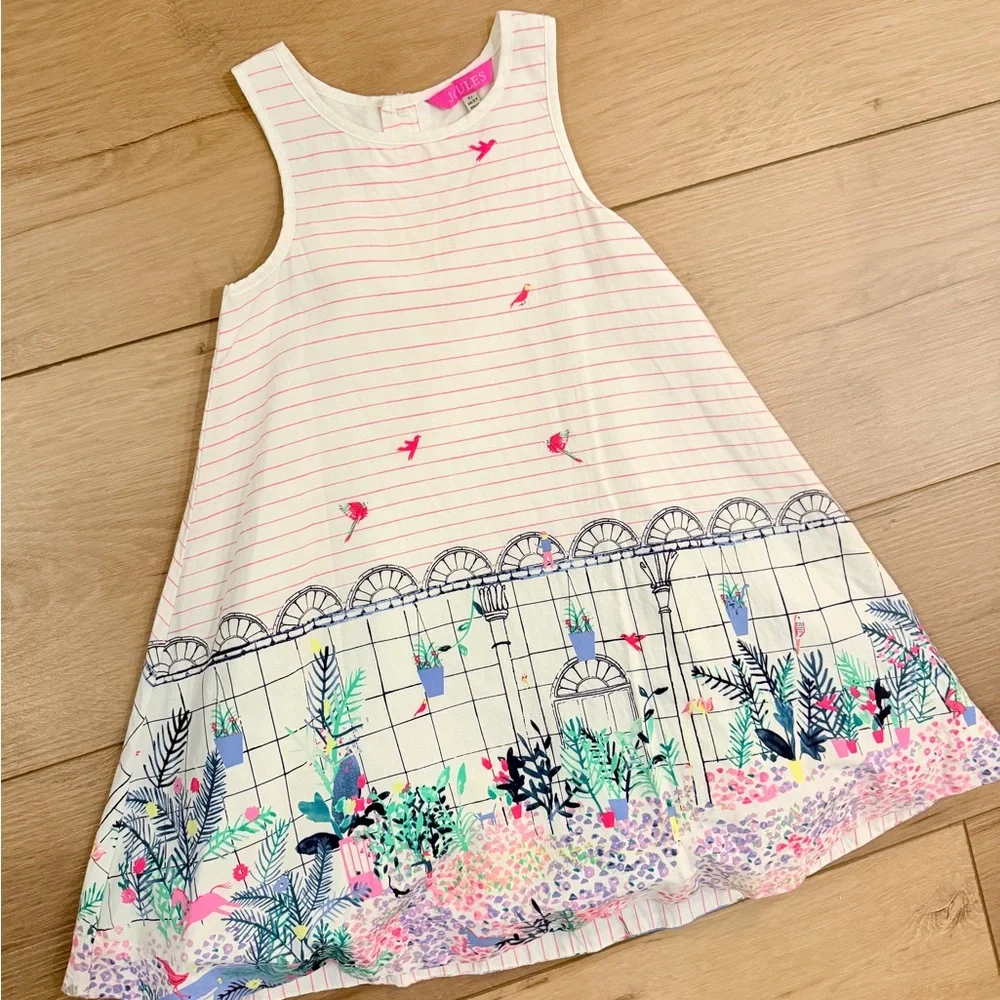 Joules Cream Dress with Pink Stripes and Garden Border Sz 3